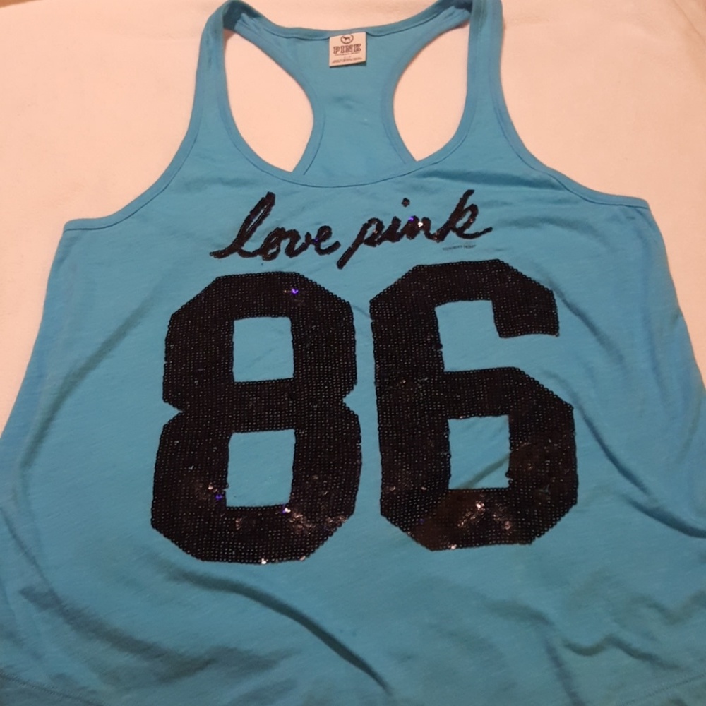 🐕VS PINK razor back blue sequin tank top -S